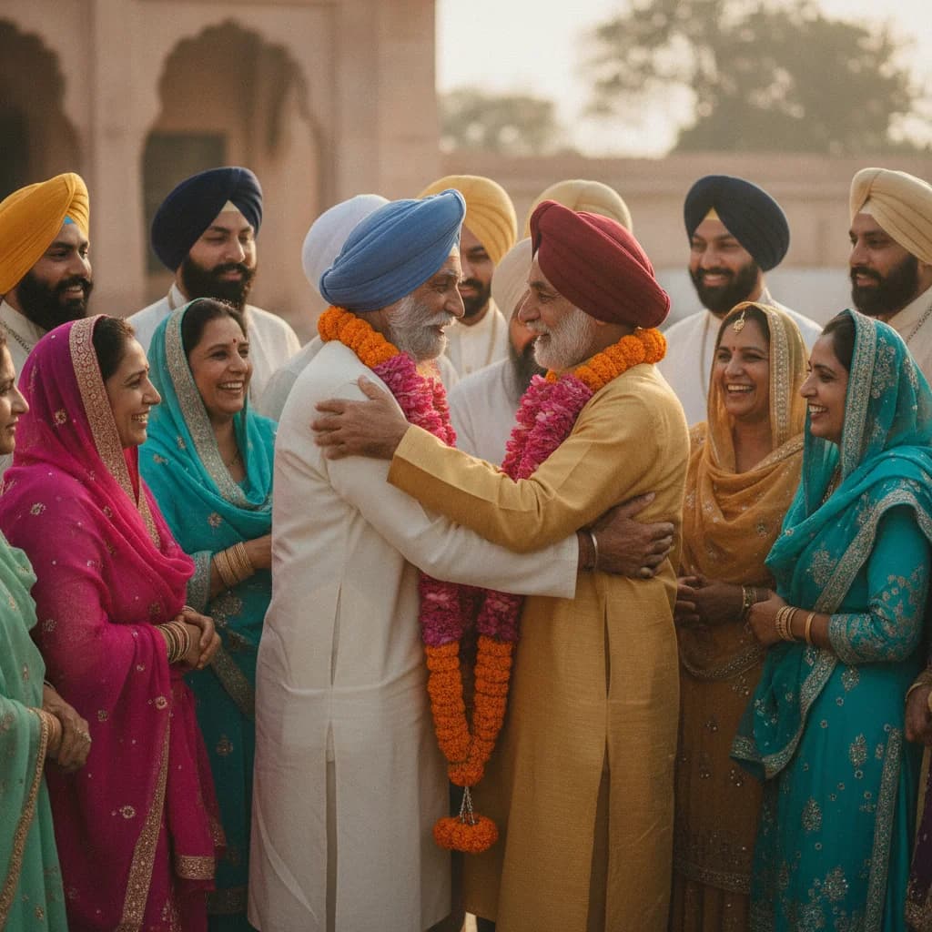 Two Sikh families exchanging marigold garlands at a milni greeting before a wedding