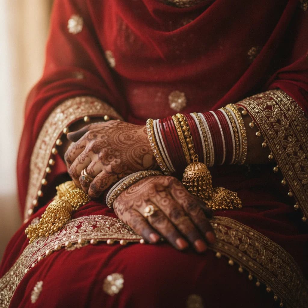 A Sikh bride's wrists stacked with red and white choora bangles and gold kalire over a red dupatta