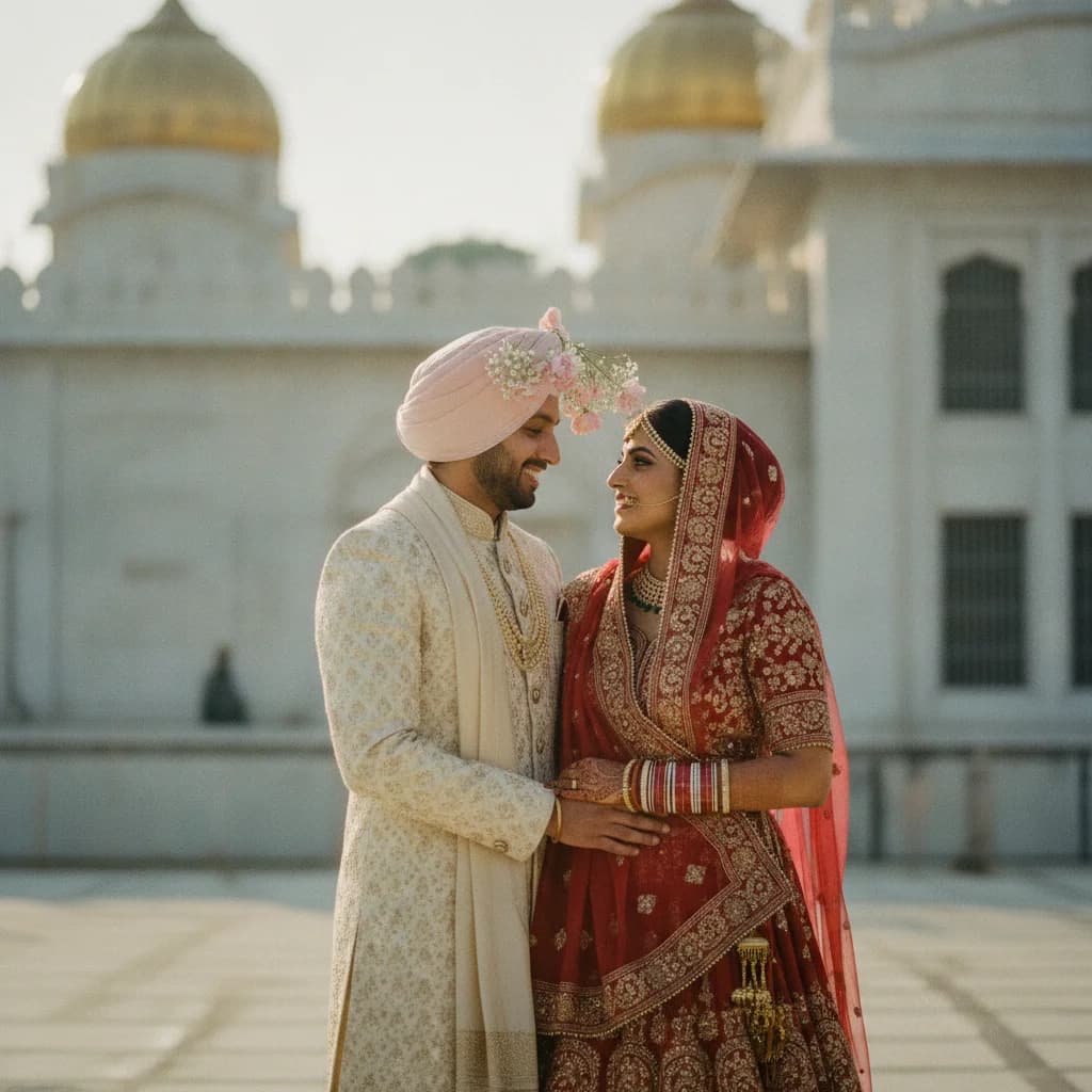 A Sikh bride in red and a groom in a pink turban laughing together on their wedding morning outside a gurdwara