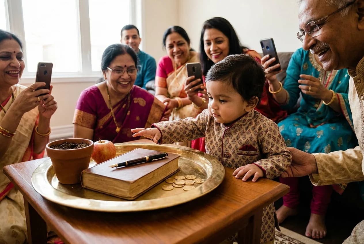 A baby reaching toward a brass tray of symbolic objects including a book, pen and coins during the annaprashan choosing game, surrounded by smiling relatives