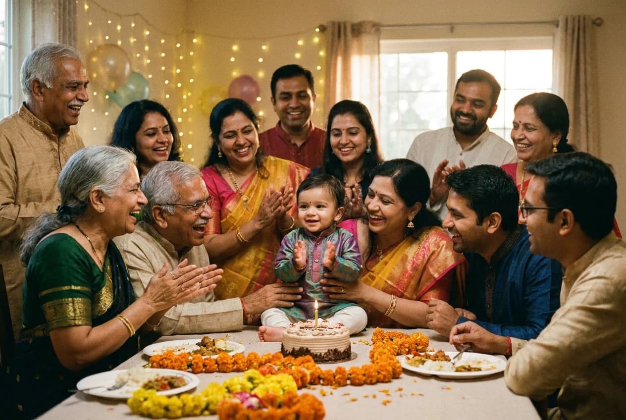 A multi-generational Indian family gathered around a one-year-old at a decorated first-birthday celebration with marigolds and warm lights