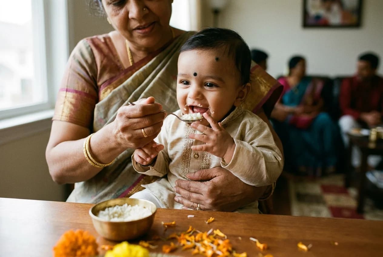A baby in traditional Indian dress being fed the first spoonful of rice by a grandmother at an annaprashan ceremony
