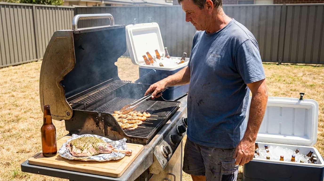 A host at the barbecue turning prawn skewers with a butterflied lamb resting nearby