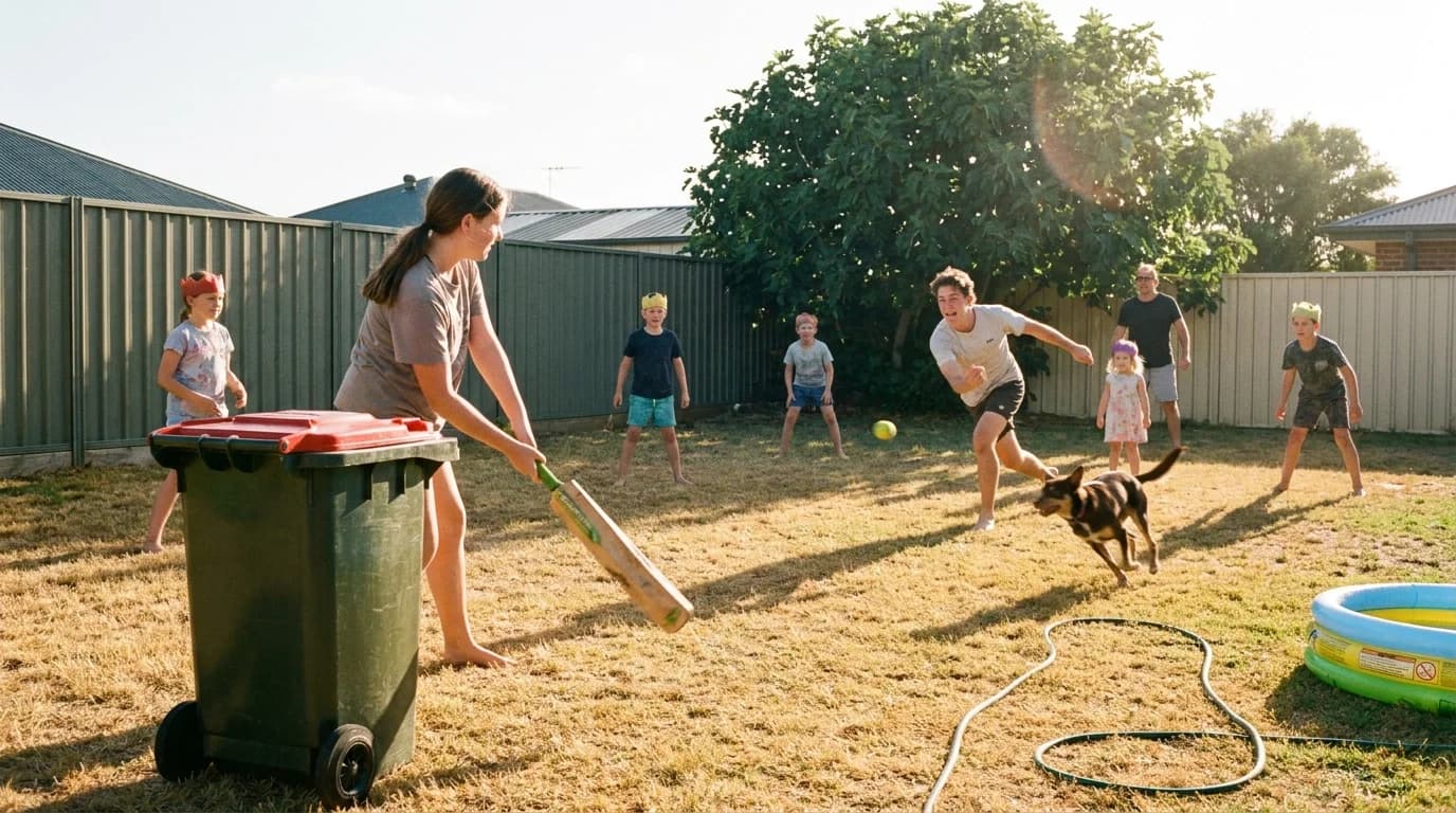 Kids and adults playing backyard cricket in late afternoon summer light
