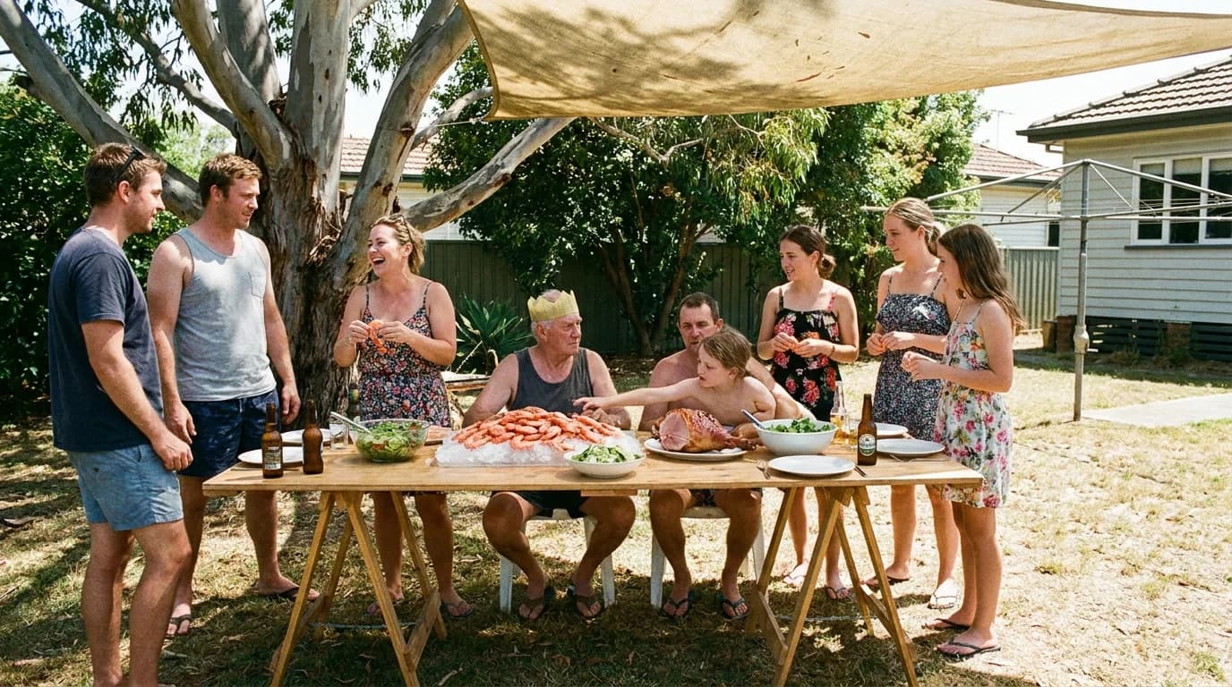 Family gathered around a shaded outdoor table with prawns and cold beers on a hot Christmas Day