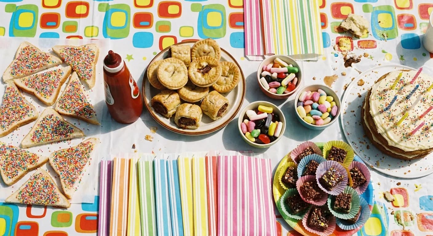 An overhead view of a classic Australian kids party food table: triangles of fairy bread, party pies and sausage rolls, bowls of lollies, paper lolly bags and a homemade birthday cake on a bright paper tablecloth