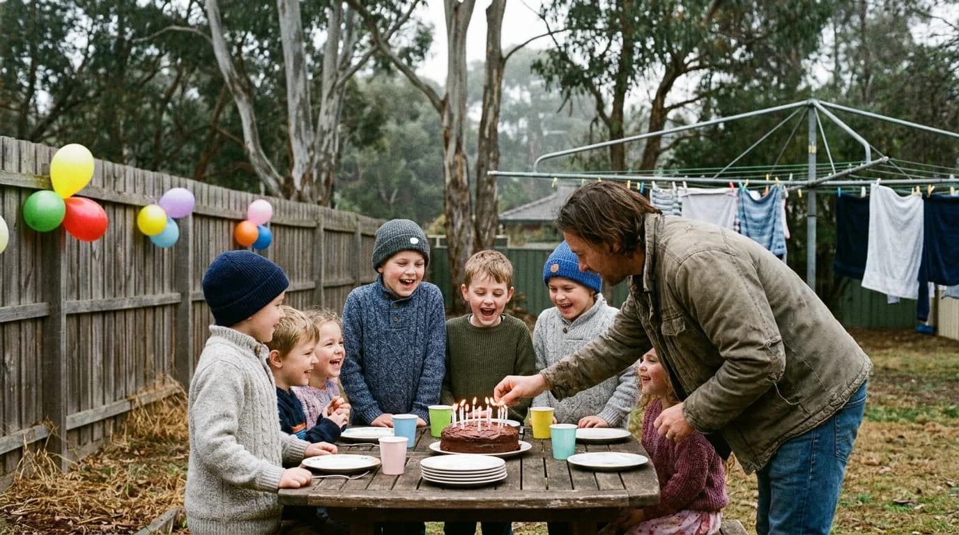 A winter birthday party in an Australian backyard, primary-school kids in warm jumpers gathered around a cake while a parent lights the candles, overcast July afternoon light and gum trees behind them