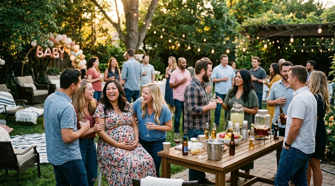 Guests mingling at a relaxed co-ed baby shower in a backyard
