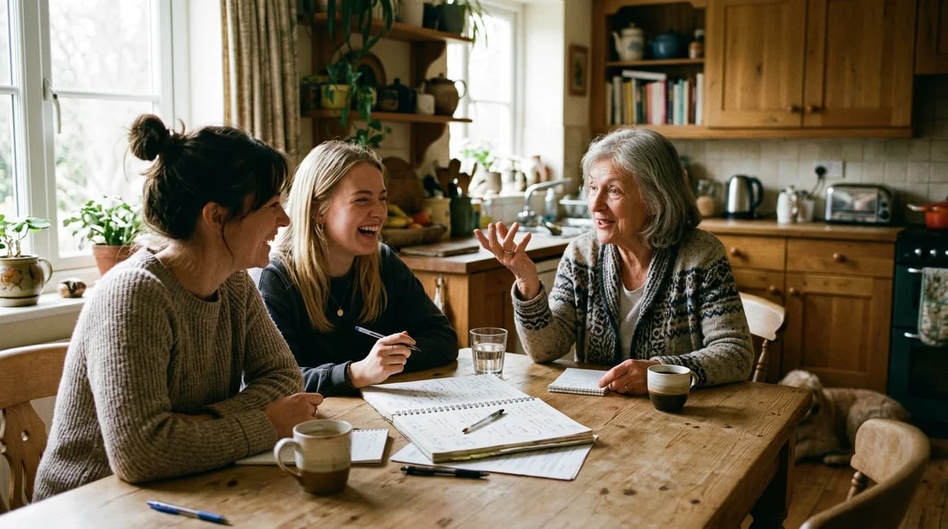 Three generations of women planning a baby shower at a kitchen table