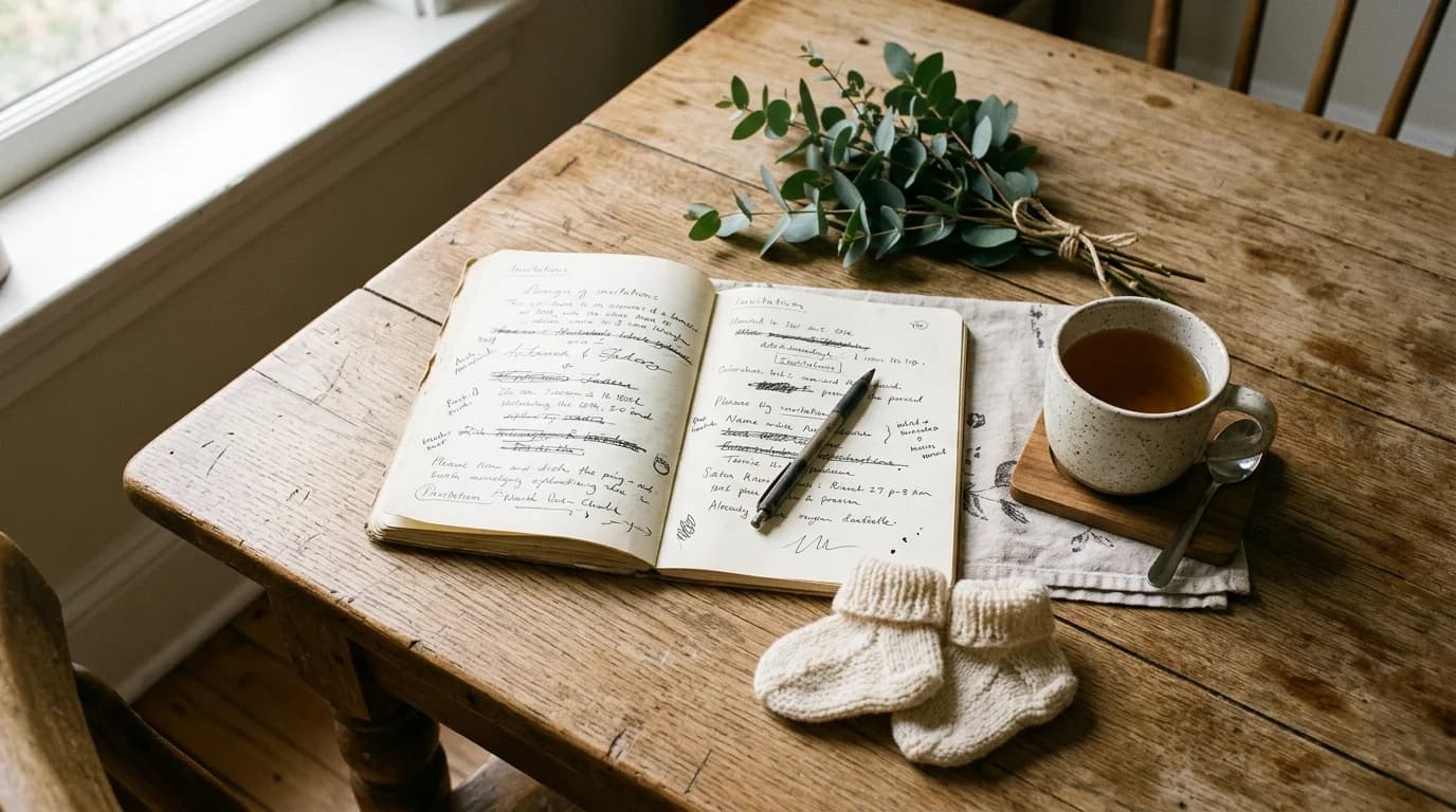 A notebook of crossed-out invitation drafts beside tea and tiny baby booties