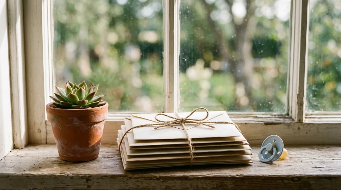 A stack of sealed thank-you envelopes on a windowsill beside a pacifier