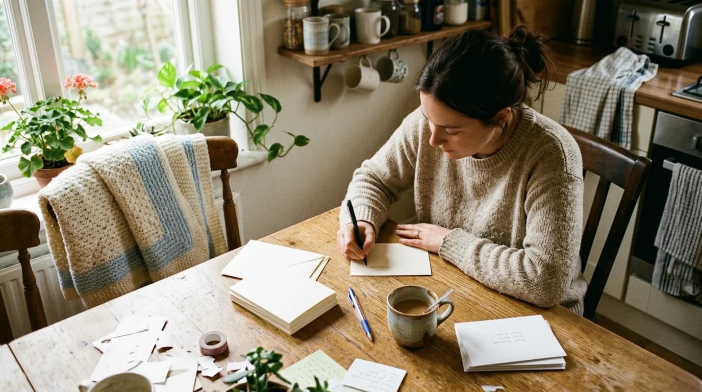 A woman writing thank-you cards at a kitchen table beside a baby blanket