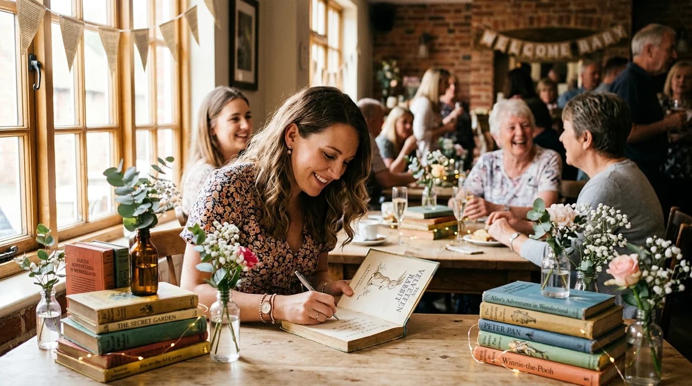 Guests writing notes in children's books at a library-themed baby shower