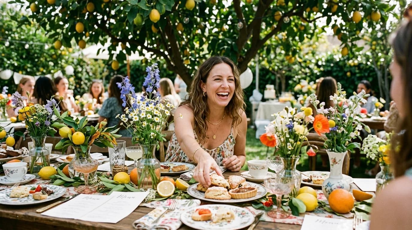 A sunlit baby shower table with citrus, wildflowers, and pastries under a tree