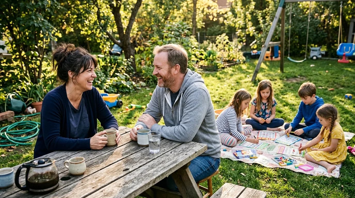Parents talking over coffee while kids play bingo at a back-to-school mixer