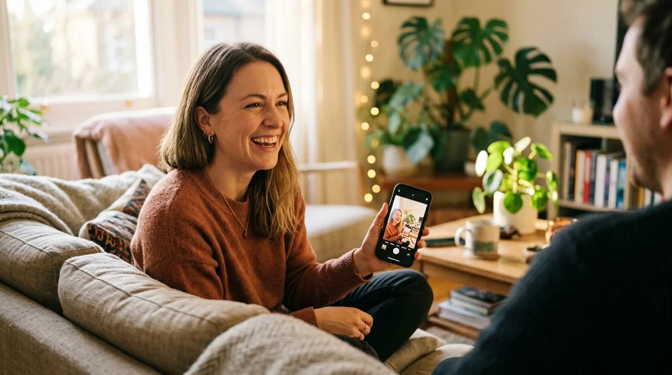 A woman on a sofa showing a party invitation on her phone to a friend