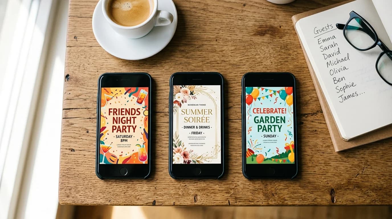 Three phones on a wooden table showing different digital invitation designs