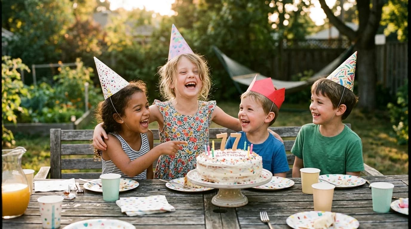 Kids in party hats laughing around a backyard birthday table