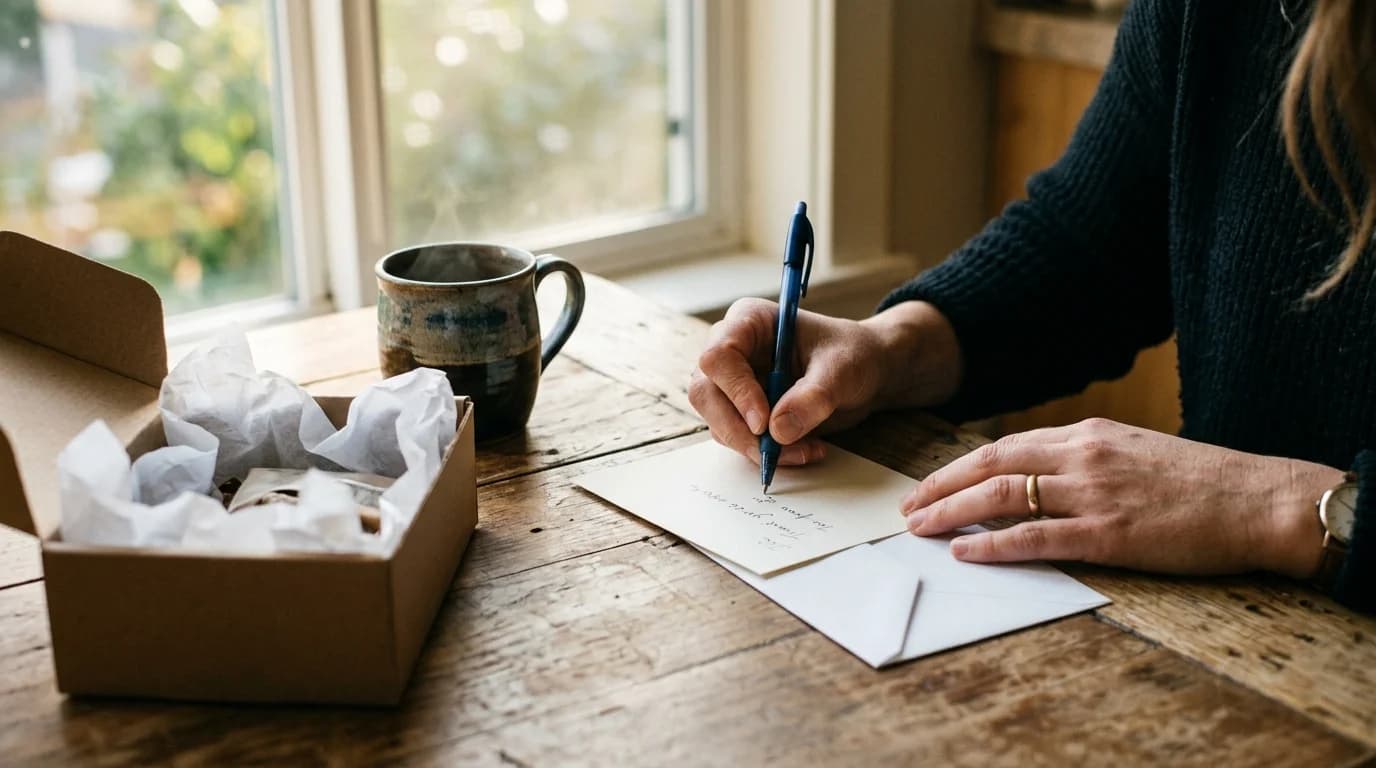Hands writing a thank-you note at a kitchen table beside an open gift box