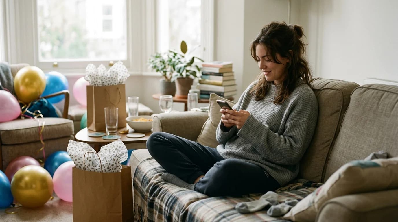 Someone texting thank-you messages on a couch the morning after a birthday party