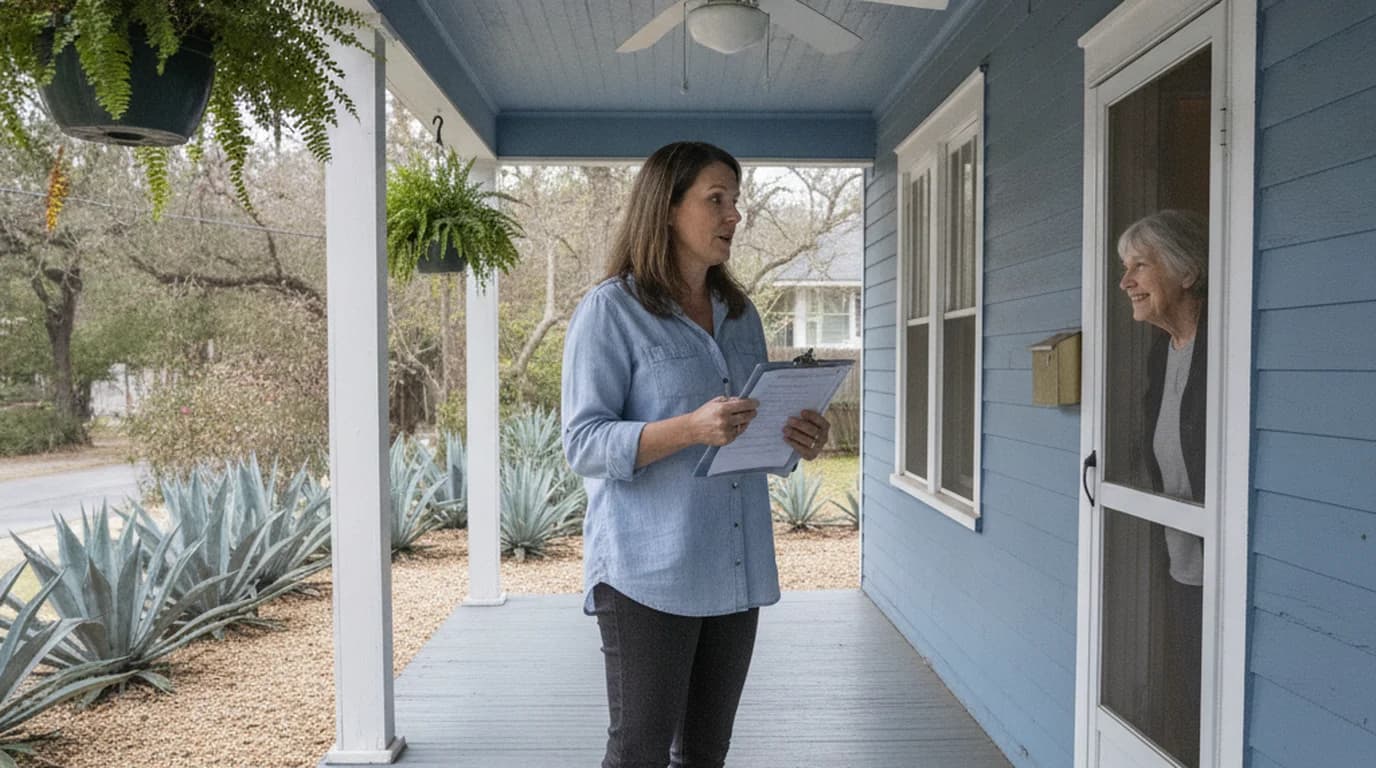 A neighbor with a clipboard collecting signatures on the front porch of an Austin bungalow