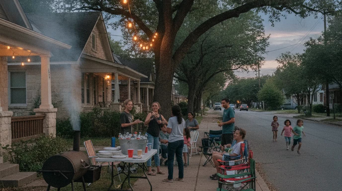 Neighbors eating and talking on an Austin street at dusk during a block party, with a smoker at the curb and string lights overhead