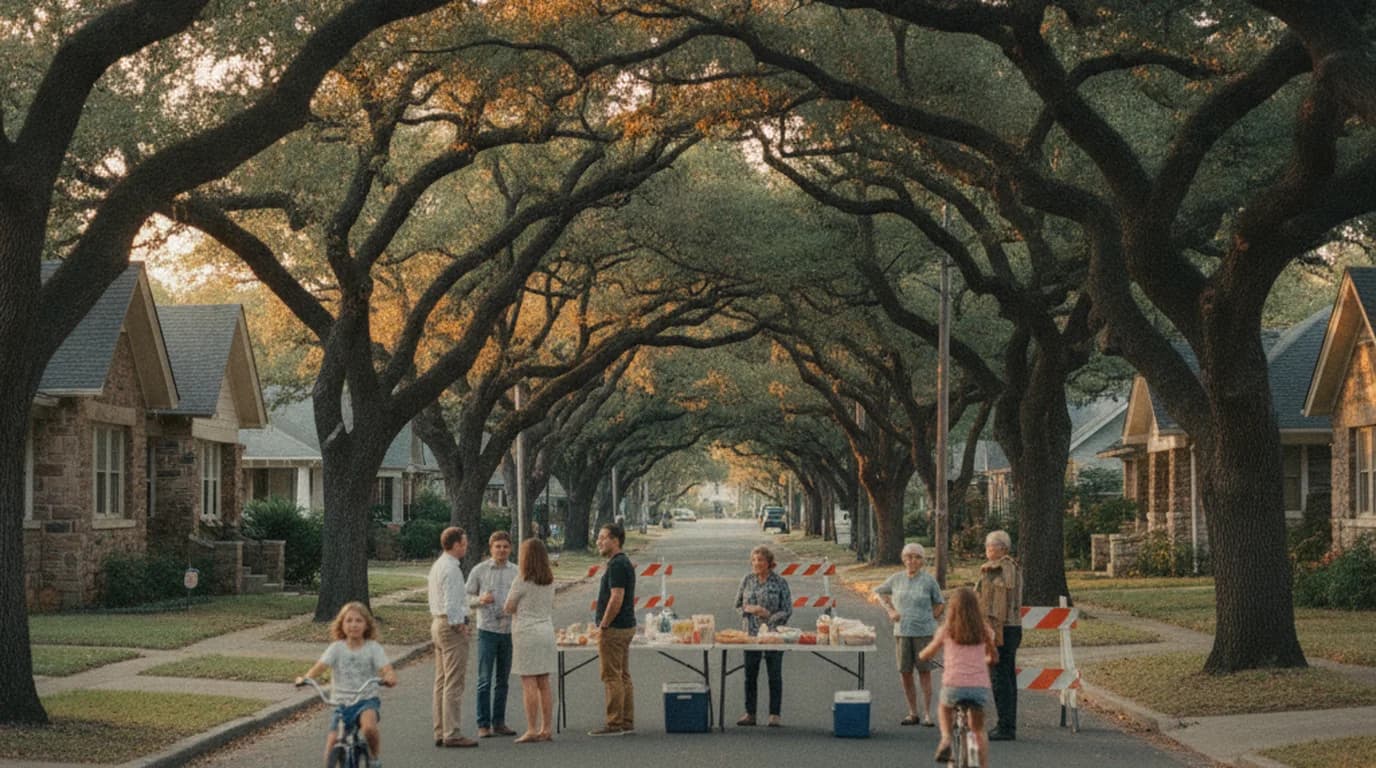 An Austin residential street closed for a block party at golden hour, with folding tables down the middle and live oaks overhead