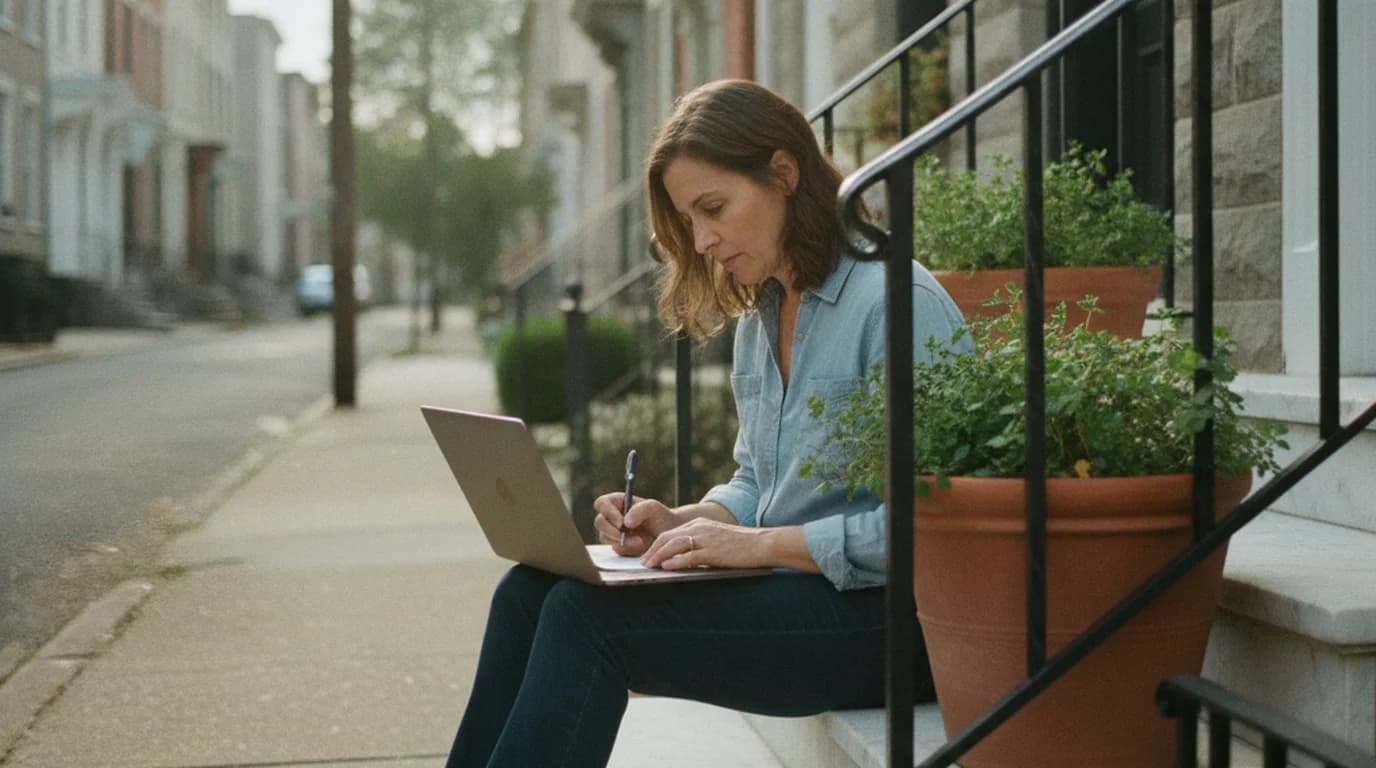 A woman filling out a permit application on a laptop while sitting on a marble stoop outside a Baltimore rowhouse
