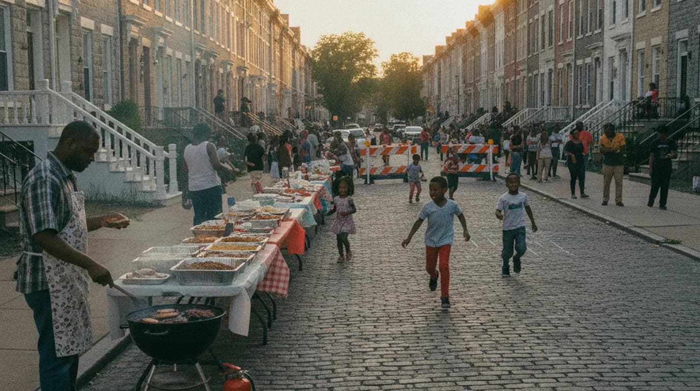 A Baltimore block party with barricades at the end of the street and folding tables of food along the curb
