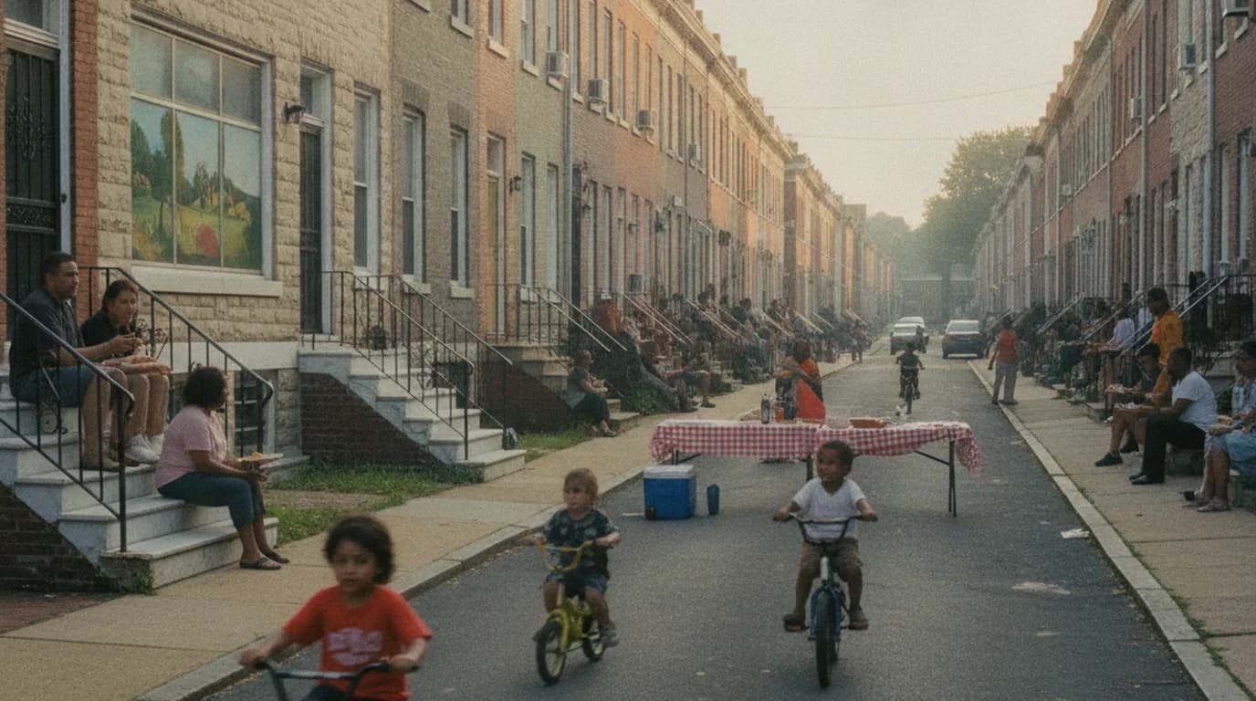 Neighbors sitting on white marble stoops along a narrow Baltimore rowhouse street closed off for a block party