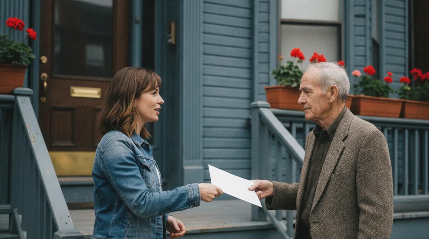 A neighbor handing a paper flyer to an older man on the front porch steps of a Boston triple-decker