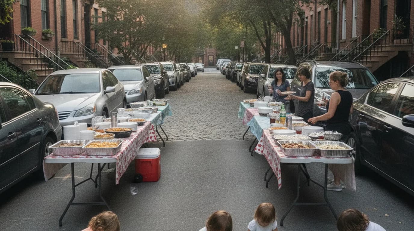 A potluck spread on folding tables in the middle of a narrow Boston street with kids drawing in chalk nearby