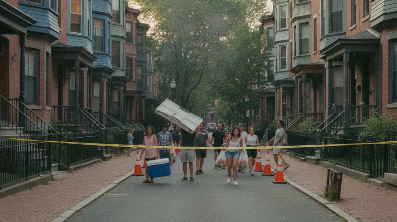 Neighbors setting up folding tables in a narrow Boston street closed off with traffic cones and caution tape, triple-decker houses on both sides