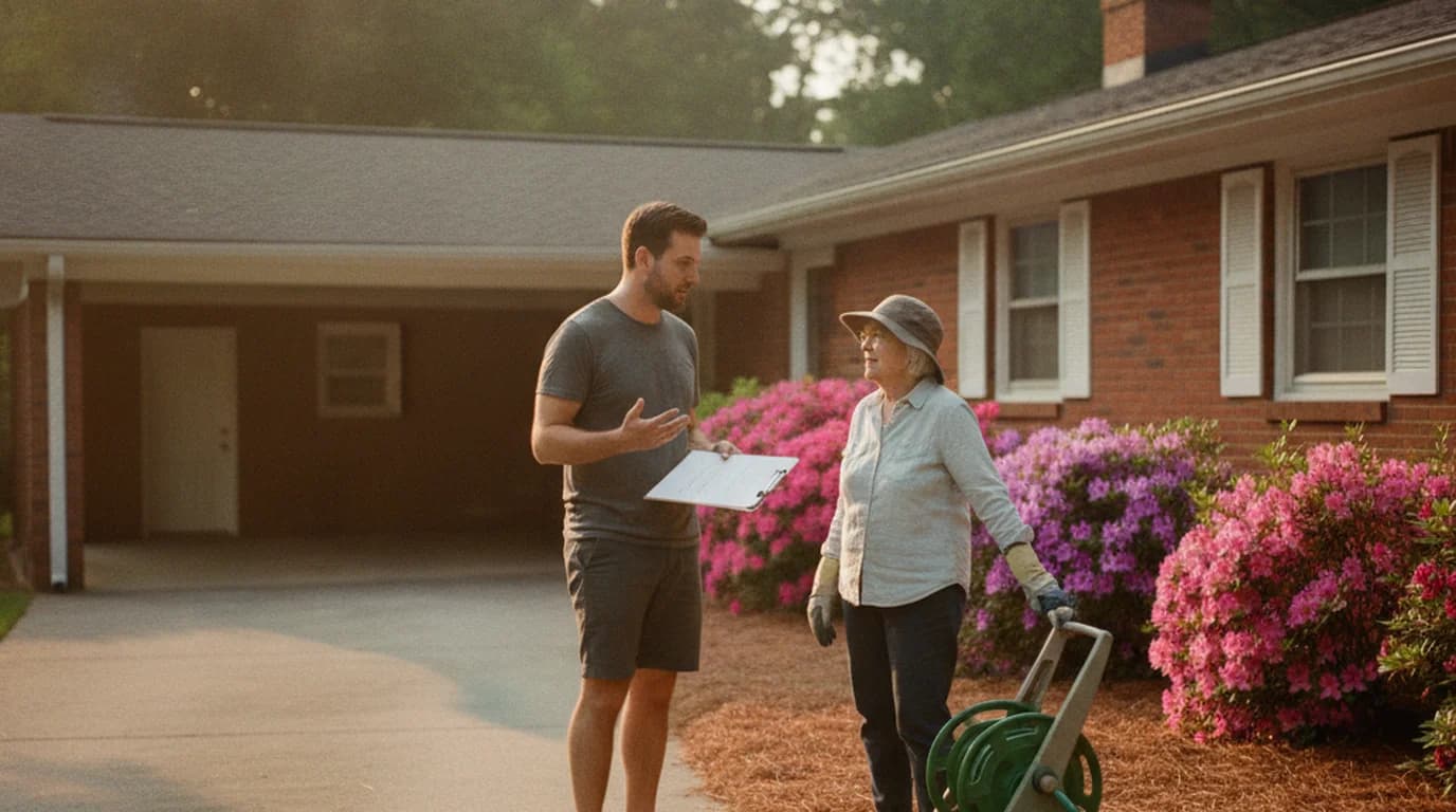 Two neighbors talking across a driveway in front of a brick ranch house, one holding a clipboard
