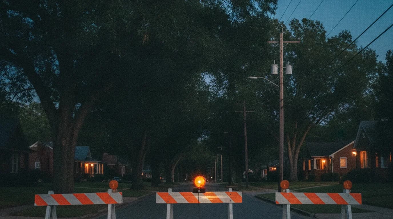 Orange and white barricades with a flashing light set across the end of a residential Charlotte street at dusk