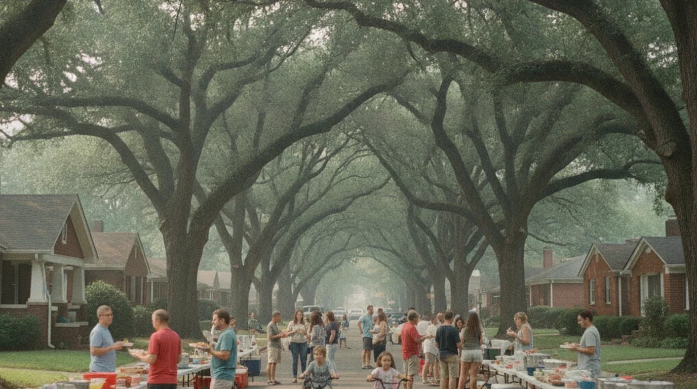 A tree-lined Charlotte street closed for a block party with folding tables and neighbors talking in the road