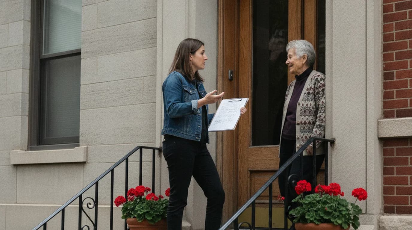 A neighbor with a clipboard collecting signatures on the front steps of a Chicago greystone
