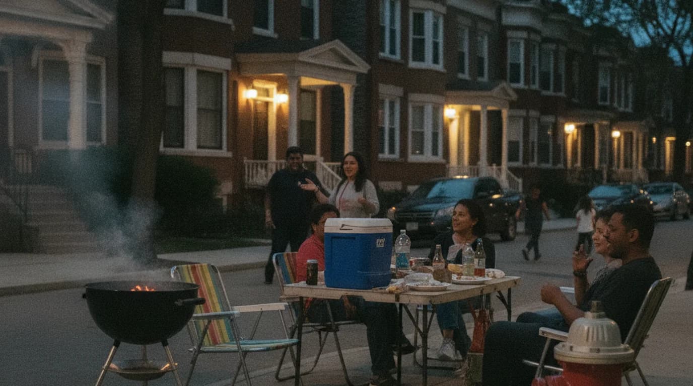 Neighbors eating and talking on a Chicago street at dusk during a block party, with a grill and folding chairs along the curb