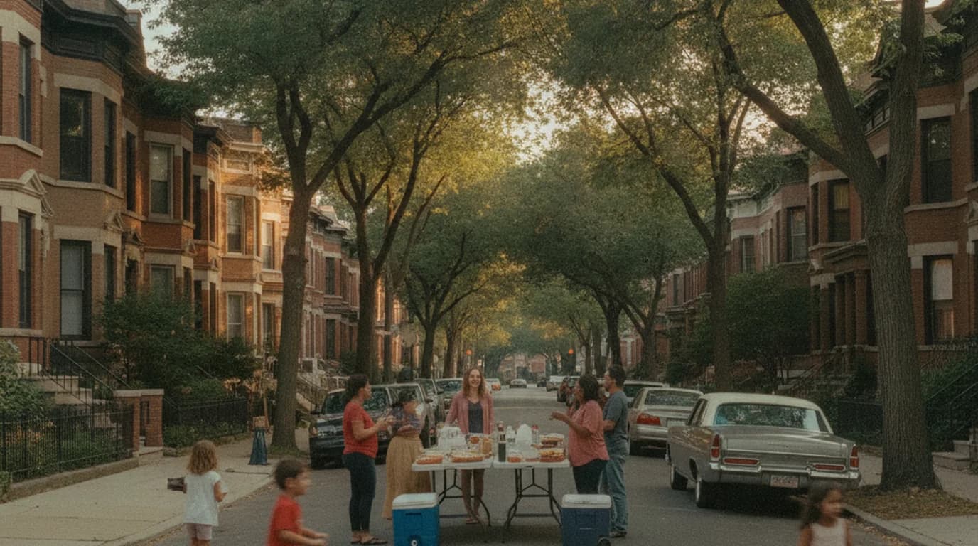 A Chicago residential street closed for a block party, with folding tables down the middle and brick two-flats on either side