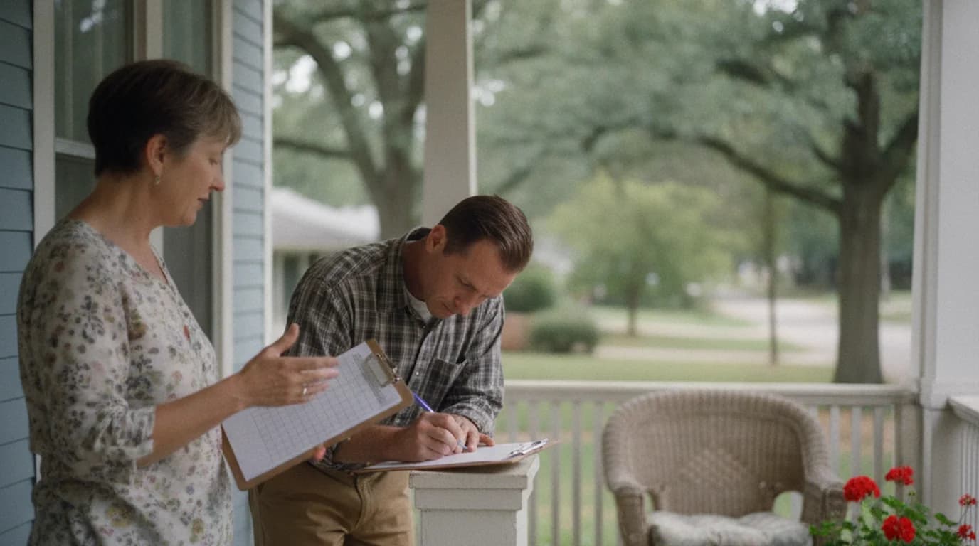 Two neighbors on the front porch of a Columbus bungalow, one holding a clipboard while the other signs a petition