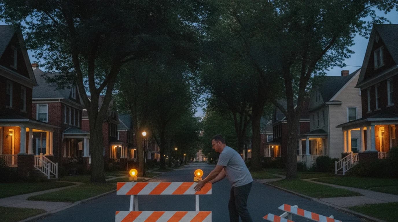 A person setting a lit traffic barricade across the end of a residential Columbus street at dusk