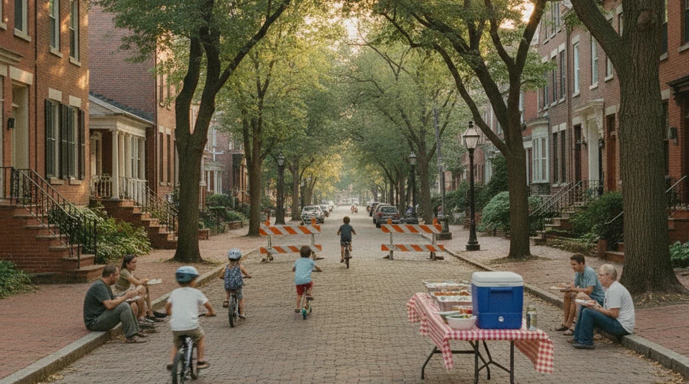A brick residential street in Columbus closed for a block party, with barricades at the corner and folding tables set up in the roadway