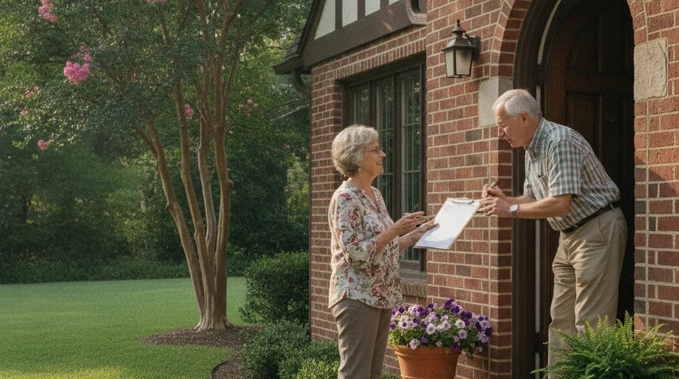 Two neighbors at the front door of a Dallas brick cottage, one holding a clipboard petition while the other signs it