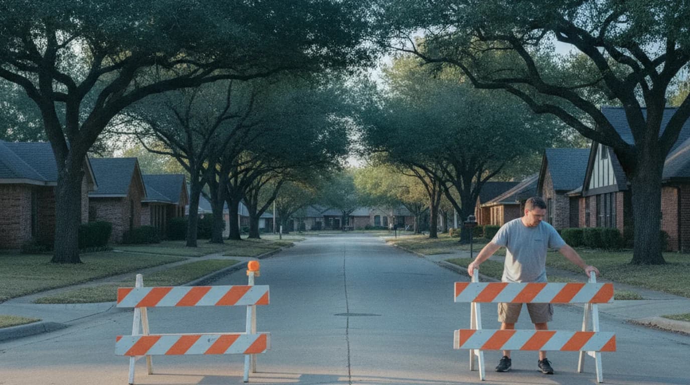 A man placing an orange and white striped barricade across the end of a residential Dallas street in the early morning