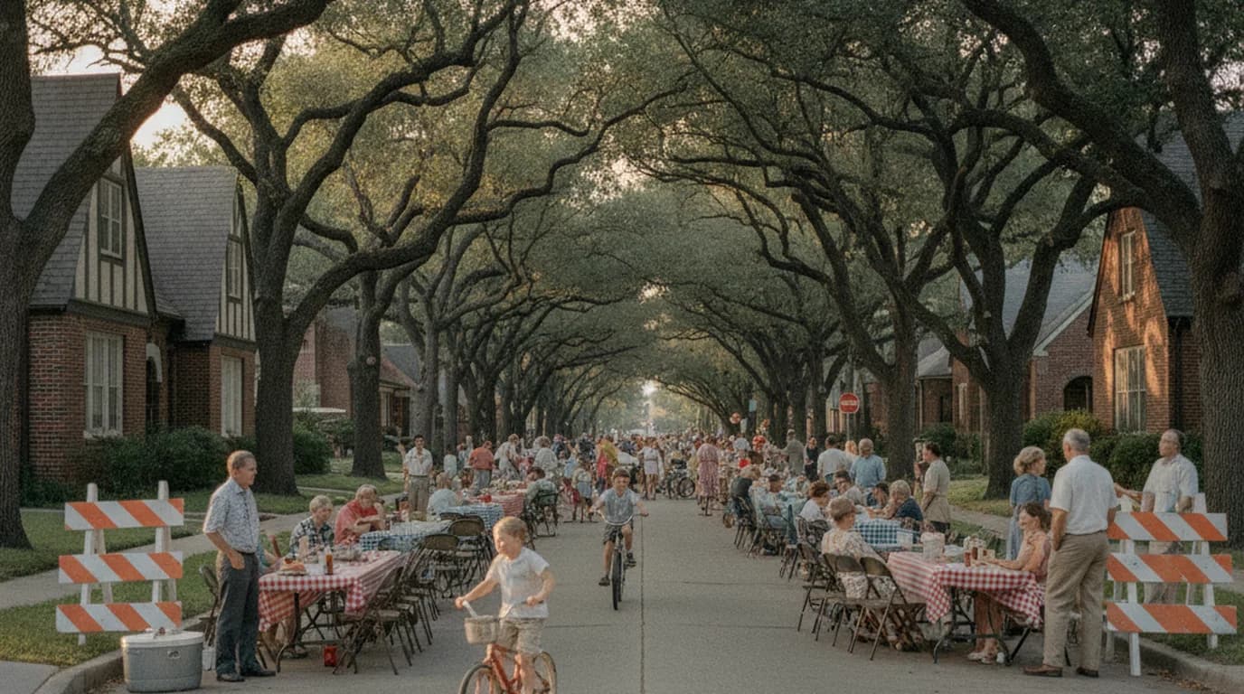 A residential Dallas street closed off for a block party with striped barricades at the corner and folding tables set up in the road