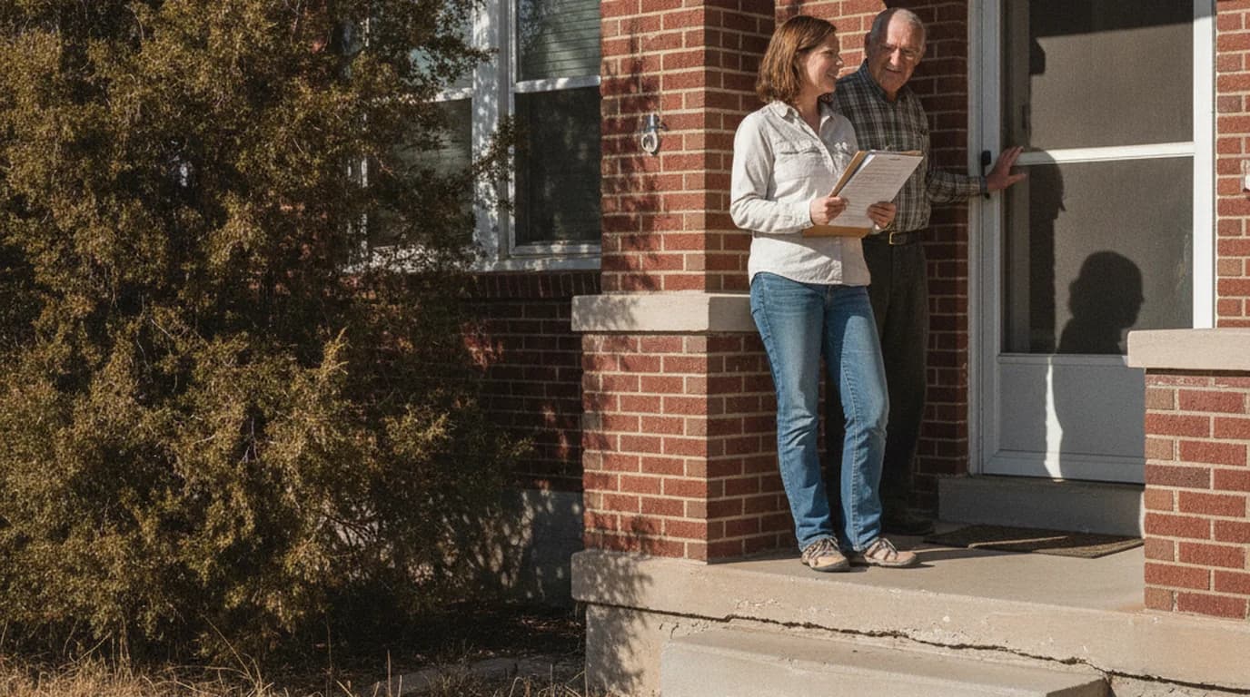 A neighbor with a clipboard talking to a man in his doorway on the front steps of a Denver brick bungalow