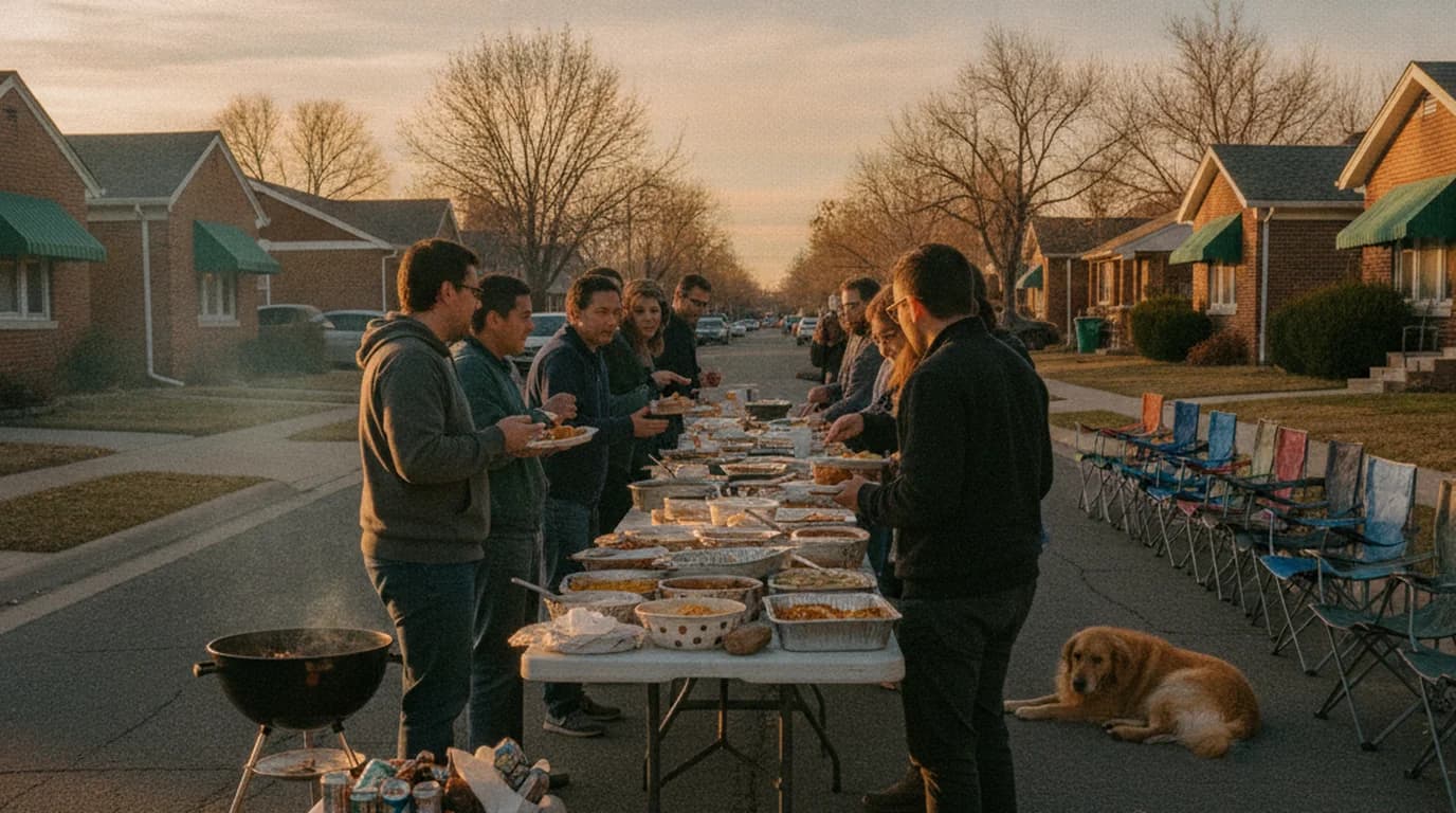 A potluck table down the middle of a closed Denver street at golden hour with neighbors serving themselves