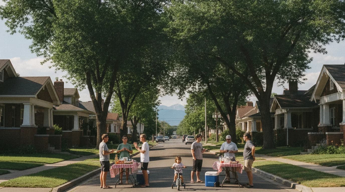A closed residential street in Denver lined with brick bungalows, with folding tables down the middle and neighbors talking