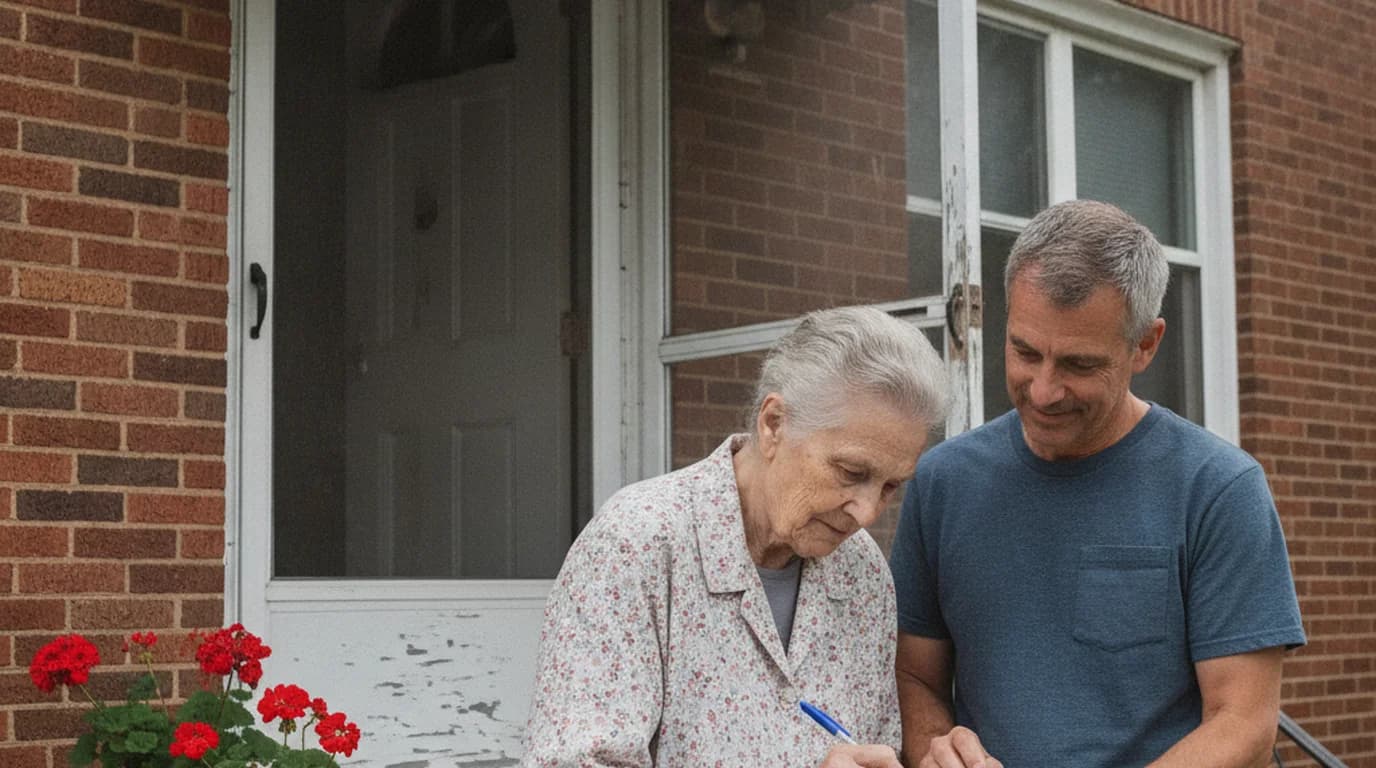 A neighbor signing a paper petition on a clipboard on the front steps of a Detroit brick bungalow