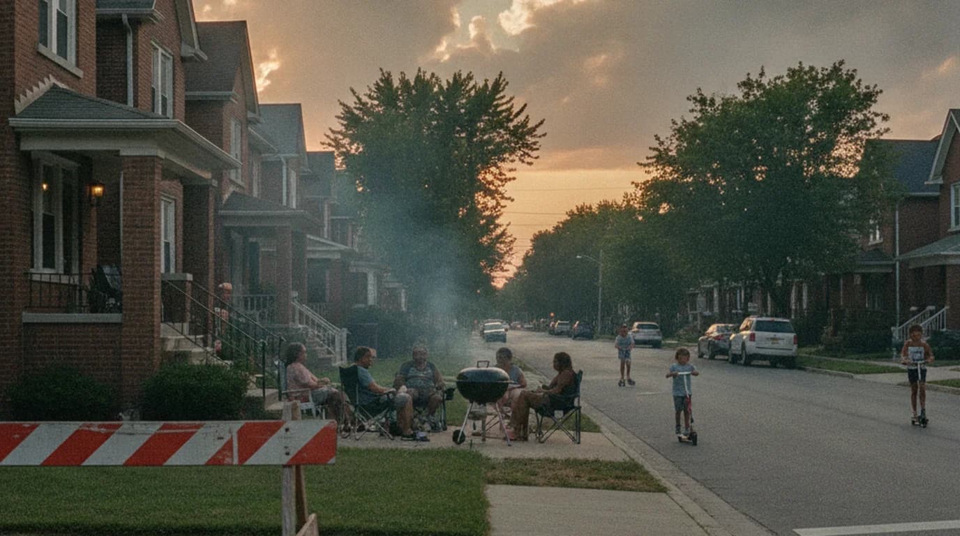 A wooden barricade on the grass parkway at the corner of a Detroit street with a block party underway behind it